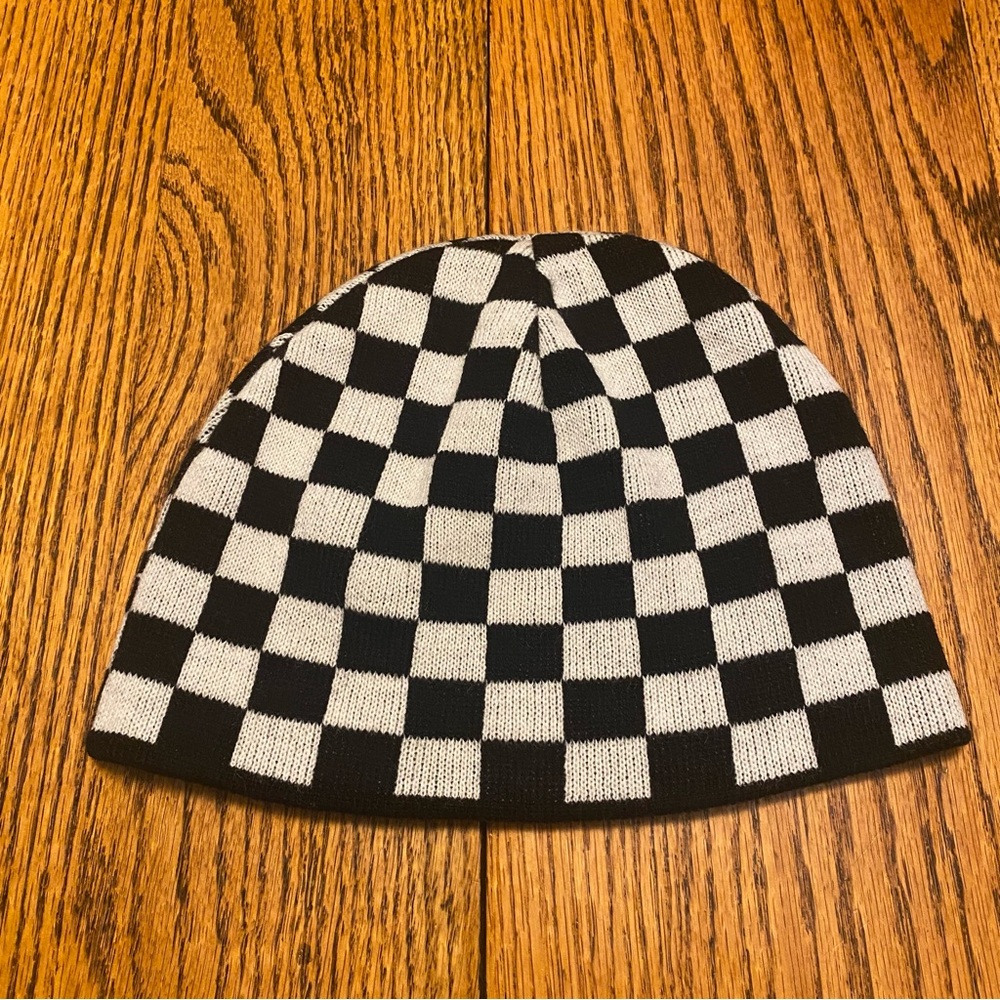 Reversible Checkered Beanie | Black & White Knit Hat with Stripe Interior